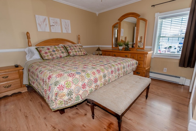 bedroom with light hardwood / wood-style floors, a baseboard radiator, and ornamental molding