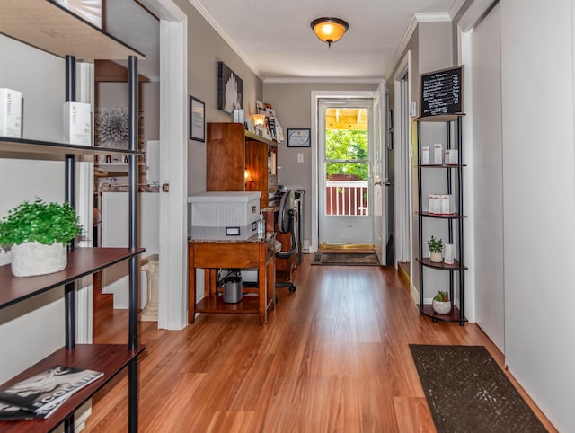 doorway to outside with ornamental molding and light hardwood / wood-style floors