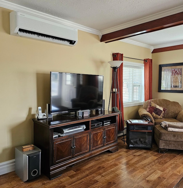 176 Market St, Fort Kent, ME 04743 - living room with a wall mounted air conditioner, dark wood-type flooring, and ornamental molding