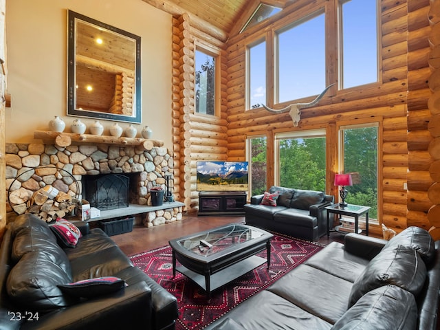 living room with a stone fireplace, rustic walls, high vaulted ceiling, and wood ceiling