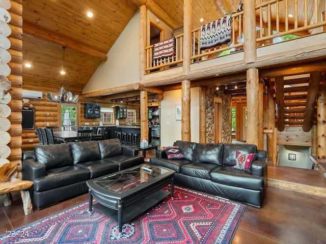 living room with wood ceiling, rustic walls, high vaulted ceiling, and a chandelier