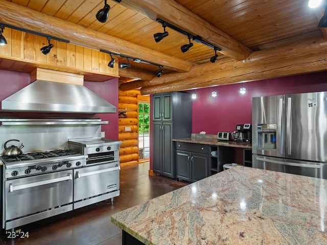 kitchen with wooden ceiling, track lighting, appliances with stainless steel finishes, log walls, and beamed ceiling