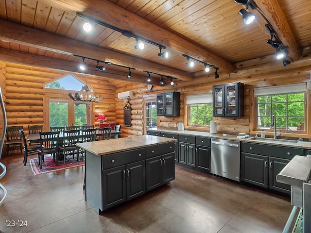 kitchen with rustic walls, sink, dishwasher, a center island, and a chandelier