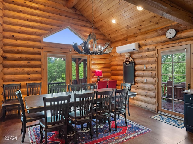 dining space featuring a wall mounted AC, a healthy amount of sunlight, wooden ceiling, and an inviting chandelier