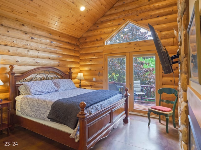 bedroom with access to exterior, rustic walls, high vaulted ceiling, and french doors