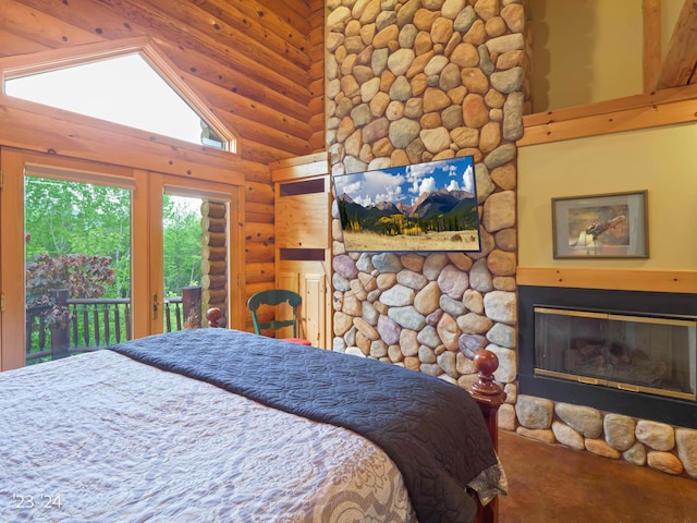 bedroom featuring access to outside, rustic walls, and high vaulted ceiling