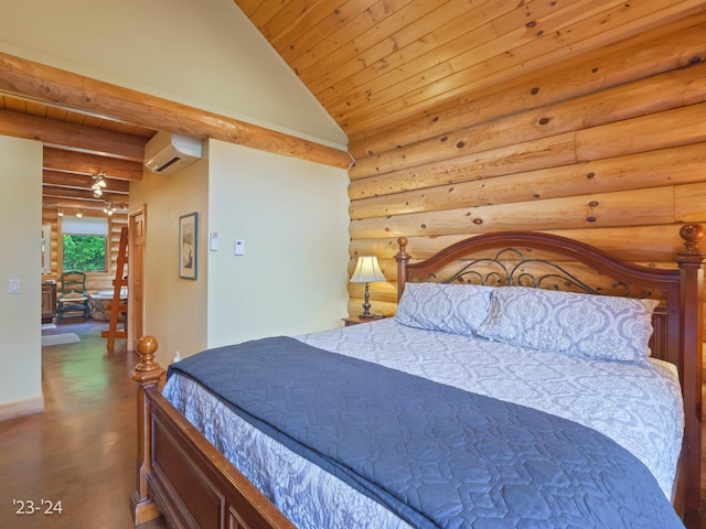 bedroom with vaulted ceiling, an AC wall unit, log walls, and wooden ceiling