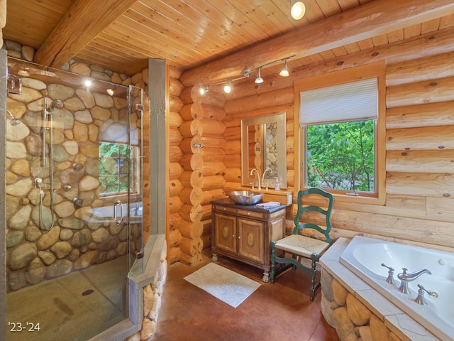 bathroom featuring beamed ceiling, vanity, wood ceiling, and rustic walls