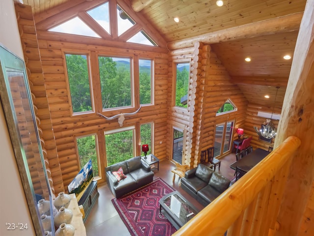 living room featuring rustic walls, plenty of natural light, wooden ceiling, and lofted ceiling