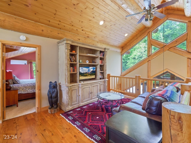 living room featuring high vaulted ceiling, an AC wall unit, ceiling fan, light hardwood / wood-style floors, and wood ceiling