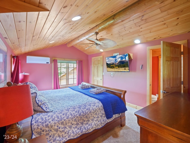 bedroom with ceiling fan, wooden ceiling, lofted ceiling with beams, an AC wall unit, and light carpet