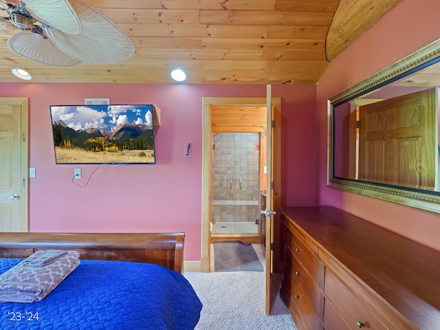 carpeted bedroom featuring vaulted ceiling and wooden ceiling