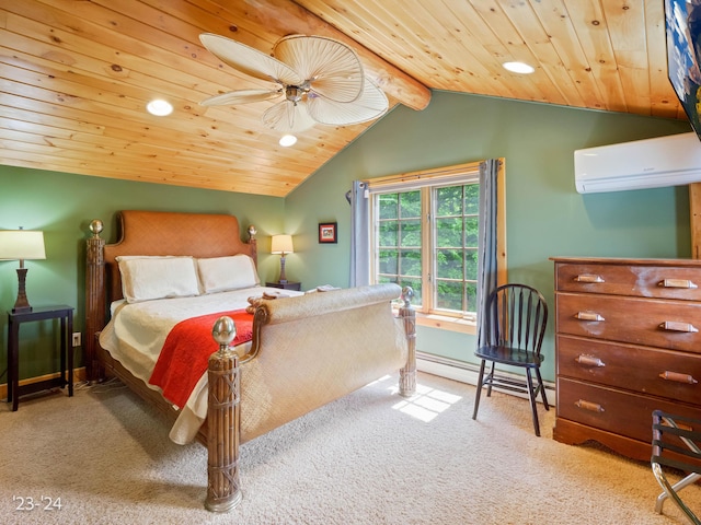 bedroom featuring a wall mounted AC, vaulted ceiling with beams, ceiling fan, a baseboard radiator, and light colored carpet