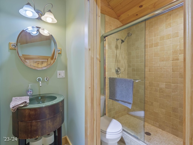 bathroom with toilet, an enclosed shower, and lofted ceiling