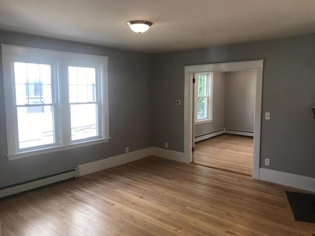 spare room with light hardwood / wood-style floors and a baseboard radiator