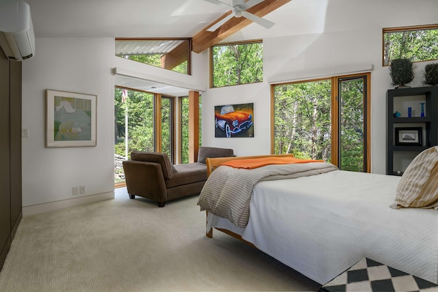 bedroom featuring light carpet, ceiling fan, high vaulted ceiling, and a wall mounted AC