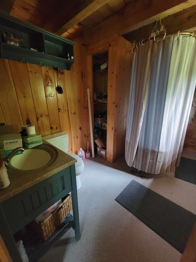 bathroom with toilet, wood walls, and vanity