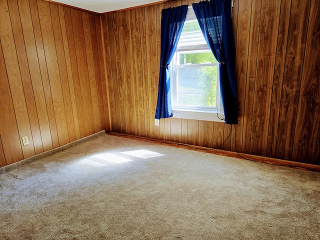 empty room with wood walls, carpet flooring, and baseboards