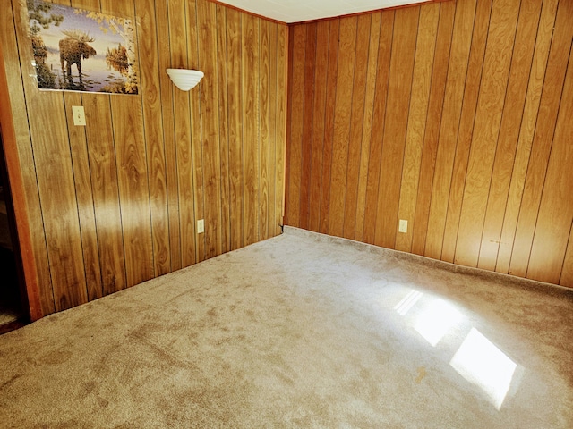 carpeted spare room featuring wooden walls