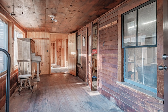 hallway with wood-type flooring, wooden ceiling, and wood walls