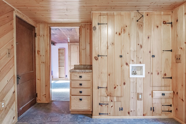 washroom featuring wood walls and wooden ceiling