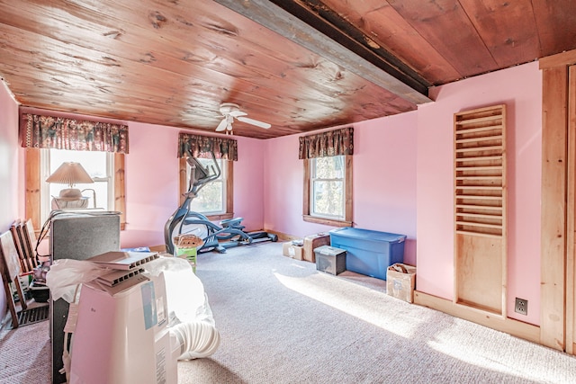 misc room featuring carpet, ceiling fan, and wood ceiling