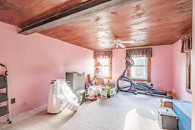 exercise area with carpet, ceiling fan, and wood ceiling