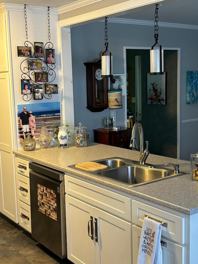 kitchen featuring decorative light fixtures, white cabinetry, black dishwasher, sink, and crown molding