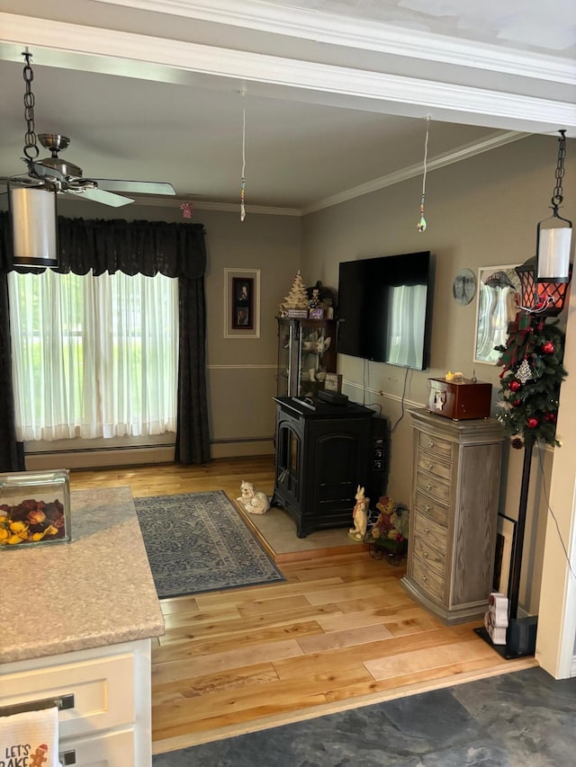 living room featuring hardwood / wood-style flooring, crown molding, a wood stove, and ceiling fan