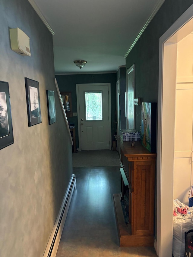 doorway with dark wood-type flooring and ornamental molding