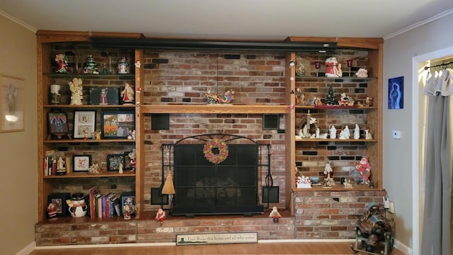 interior space featuring ornamental molding, wood-type flooring, and a fireplace