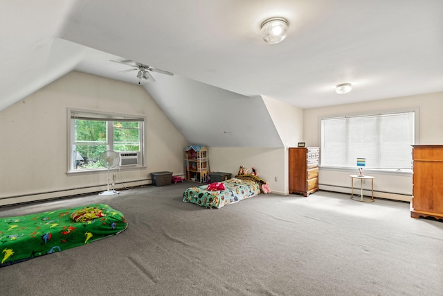 recreation room featuring a baseboard heating unit, light carpet, and lofted ceiling