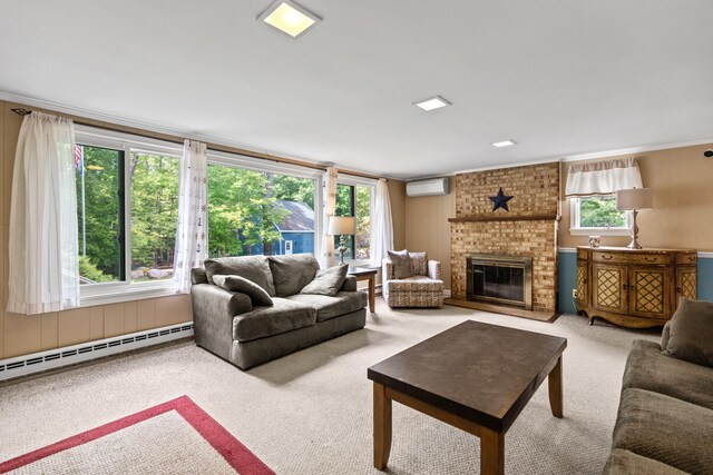 living room featuring a brick fireplace, a wall unit AC, a baseboard radiator, and light colored carpet