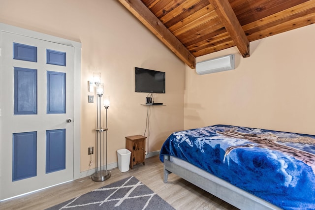 bedroom featuring wooden ceiling, light hardwood / wood-style flooring, an AC wall unit, and vaulted ceiling with beams