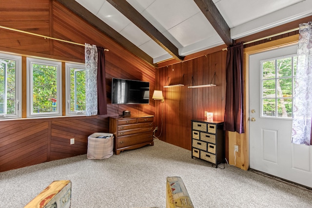 living room featuring carpet flooring, plenty of natural light, beam ceiling, and wooden walls