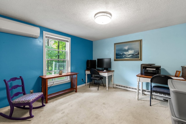 office featuring light colored carpet, a wall mounted air conditioner, and a textured ceiling