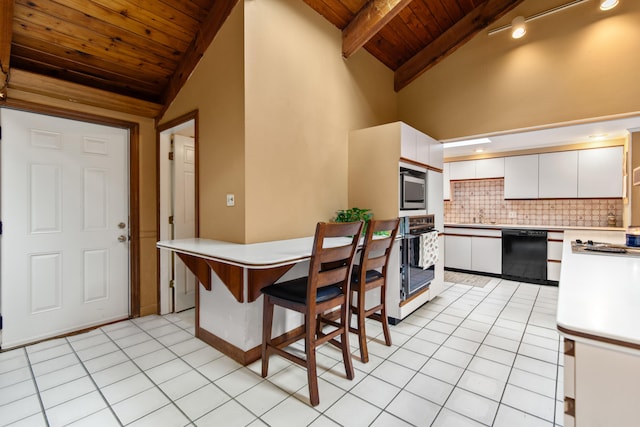 kitchen with white cabinets, wooden ceiling, stainless steel appliances, sink, and tasteful backsplash