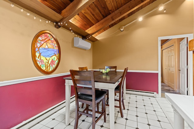 dining room featuring a wall mounted AC, wood ceiling, baseboard heating, and track lighting