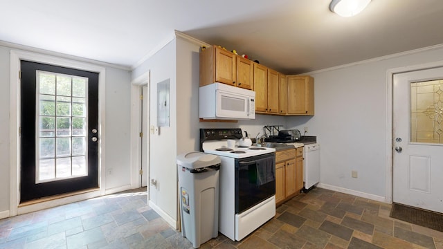 kitchen featuring white appliances, electric panel, ornamental molding, and sink