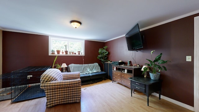 living room featuring light hardwood / wood-style floors and ornamental molding
