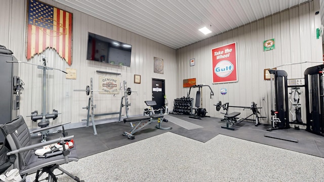 exercise room with wooden walls