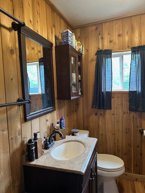 bathroom featuring wood walls, crown molding, vanity, and toilet