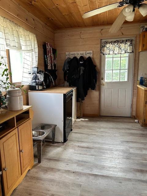 interior space featuring light wood-type flooring, wood ceiling, ceiling fan, and wood walls