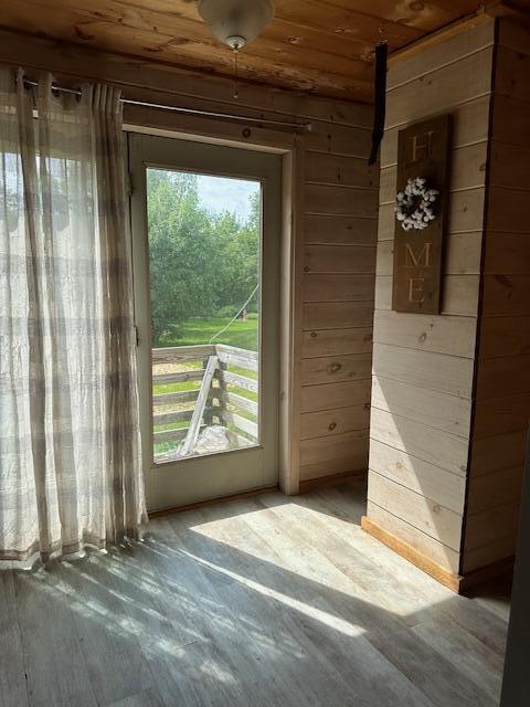 doorway featuring wooden walls and wooden ceiling