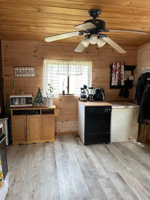 kitchen featuring wood walls, light wood-type flooring, and wood ceiling