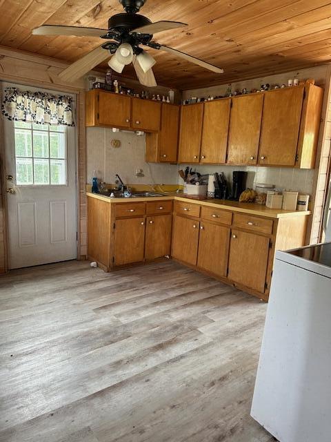 kitchen with light wood-type flooring, wood ceiling, white range, ceiling fan, and sink