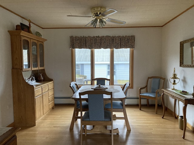 dining space with light hardwood / wood-style floors, a baseboard heating unit, and crown molding