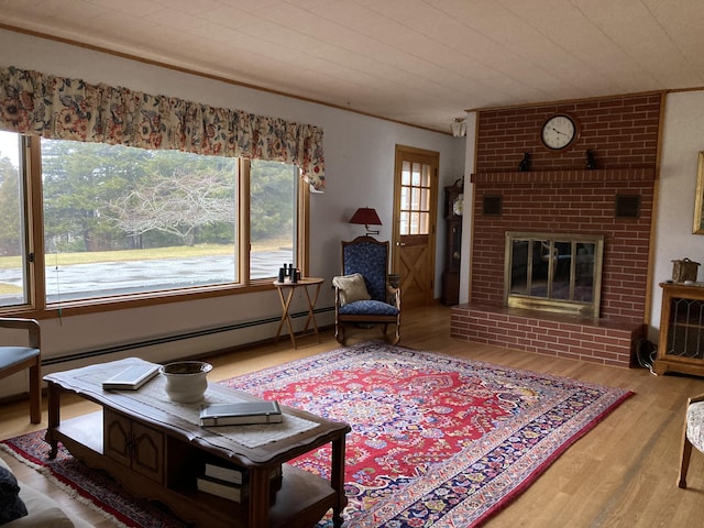 living room with a fireplace, a wealth of natural light, hardwood / wood-style flooring, and a baseboard radiator