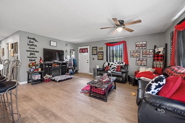 living room with ceiling fan and hardwood / wood-style flooring