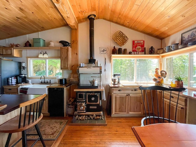 kitchen with light wood-type flooring, lofted ceiling, dishwasher, and plenty of natural light